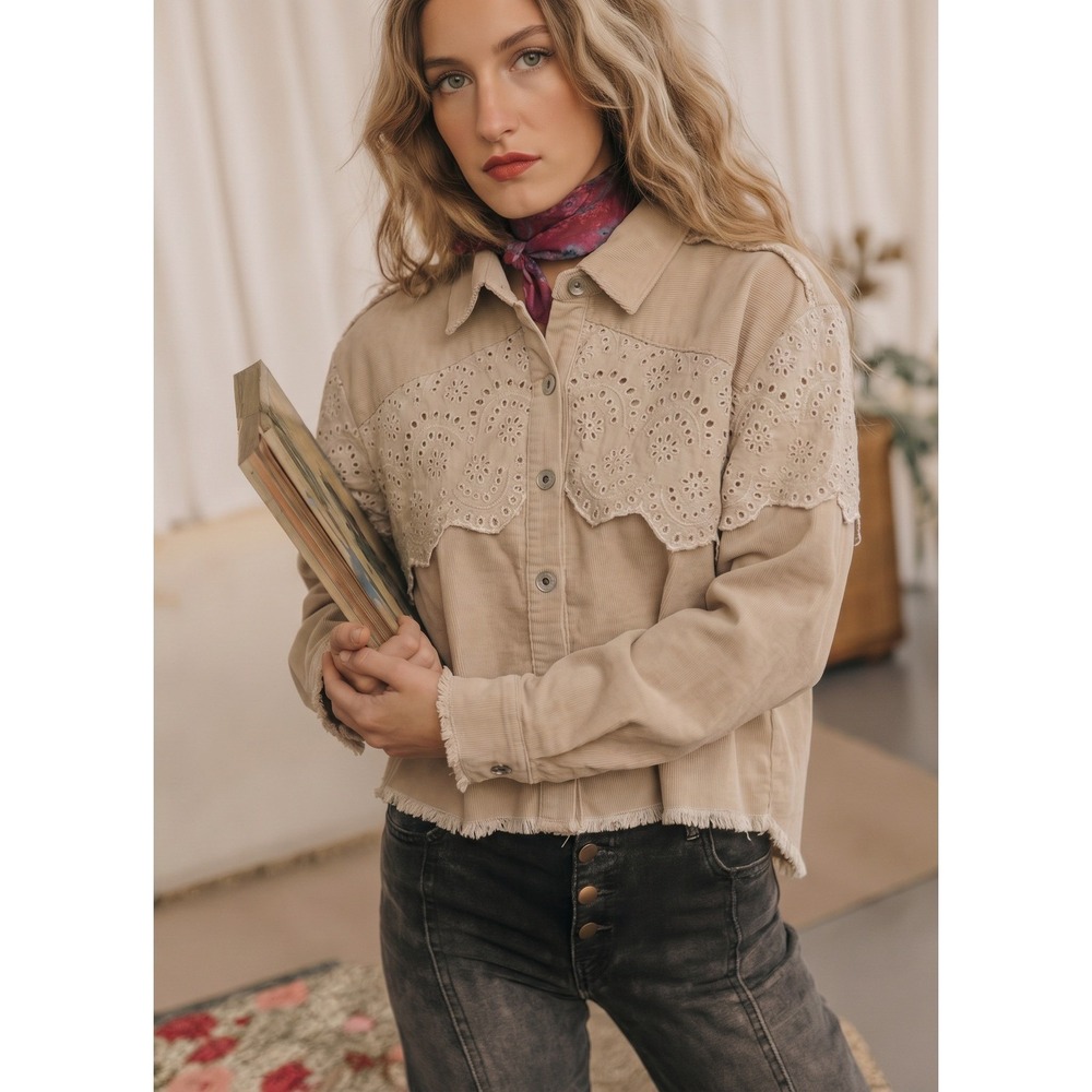 ONLY Eyelet Lace Corduroy Shacket Tan Beige Button Up Frayed Hem Jacket Small